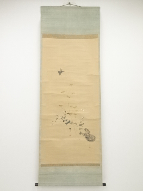 JAPANESE HANGING SCROLL / HAND PAINTED / FLOWER & BUTTERFLY